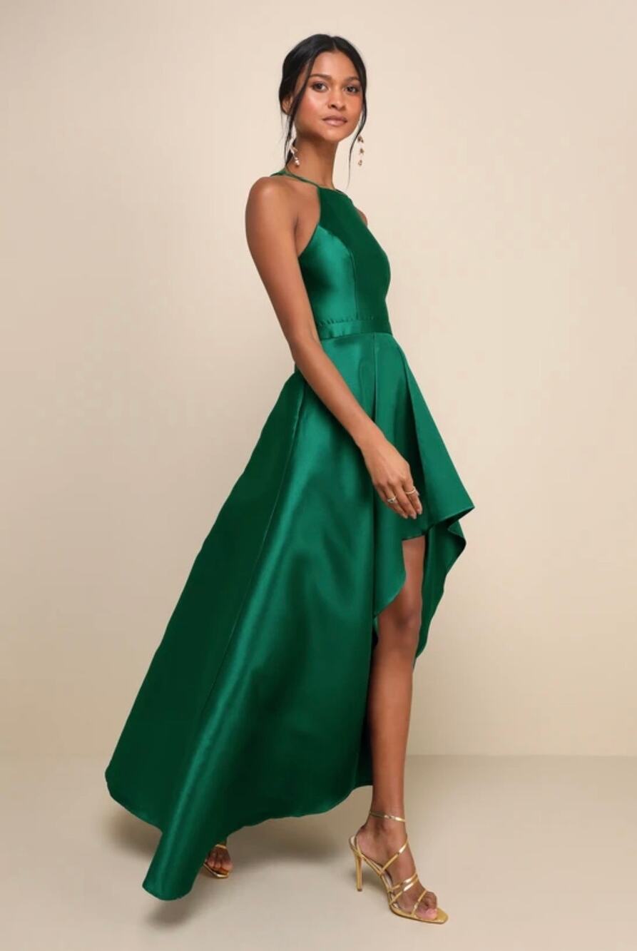 NWT! Lulus Emerald Green Broadway Show High Low Gown Satin Dress S